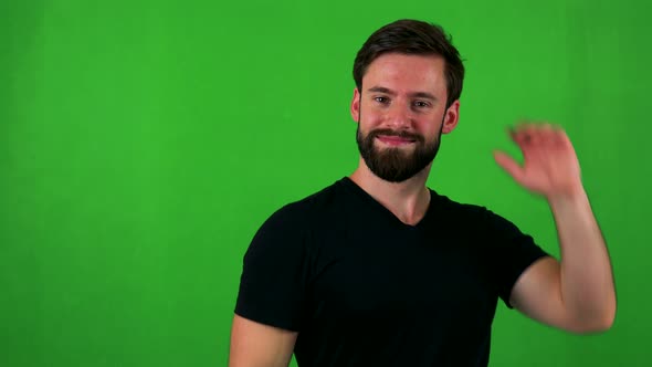 Young Handsome Bearded Man Does Poses To Camera - Green Screen - Studio