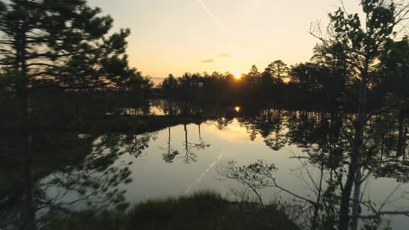 Sunrise Over Lake and Forest Aerial View