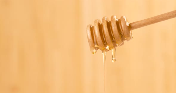 Liquid Organic Honey Dripping from a Honey Dipper on a Light Background