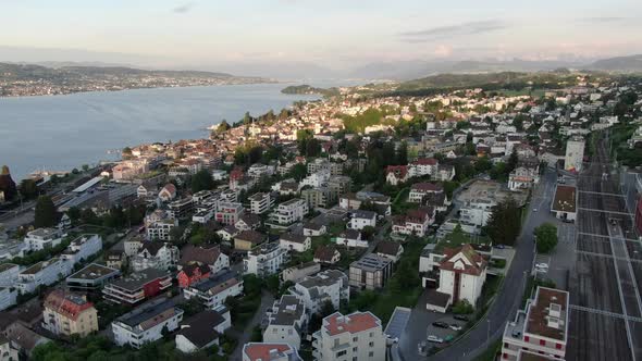 Flying over Horgen town in the canton of Zurich in Switzerland