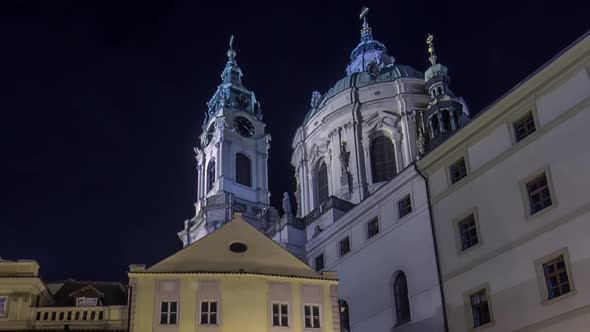 Night View of the Illuminated Malostranske Namesti Square Timelapse Hyperlapse in Prague