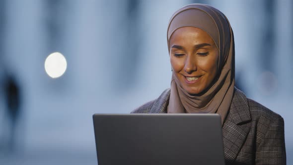 Portrait Arabic Islamic Muslim Business Woman Girl International Student Speaks Video Chat