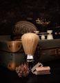 suitcase with antique objects from the 50s, with shaving brush, razor and binoculars - PhotoDune Item for Sale