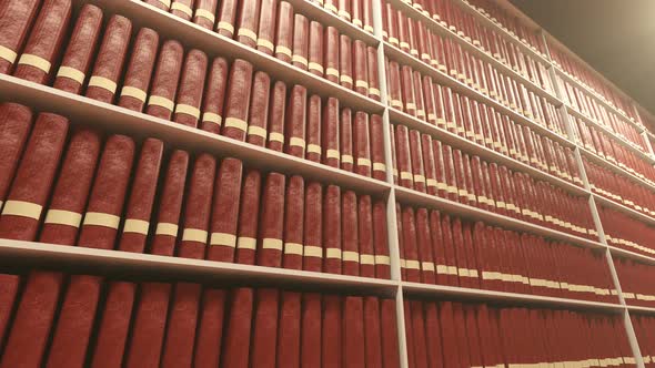 Moving along Book Shelves with a lot of Red Books on each Shelf alt