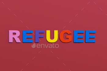 Refugees, word written in colorful wooden alphabet letters on red background
