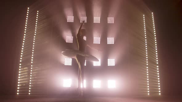 Diligent Young Graceful Ballerina Dancing Elements of Classical Ballet in the Dark with Light 