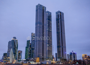 Moscow City skyscraper buildings with windows night view.