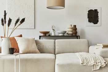 Stylish composition of cozy living room interior design