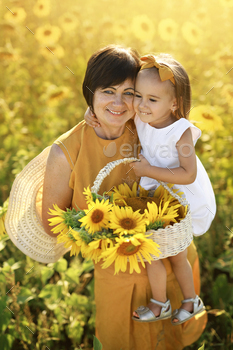 s holds granddaughter in her arms on blooming meadow at sunset. Love and mutual understanding between generations. Happy child together with old woman