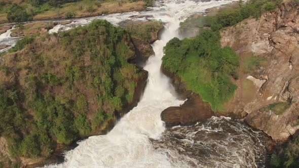 Aerial drone shot of Murchison Falls National Park. Flying Over and Looking Down the falls. Africa.