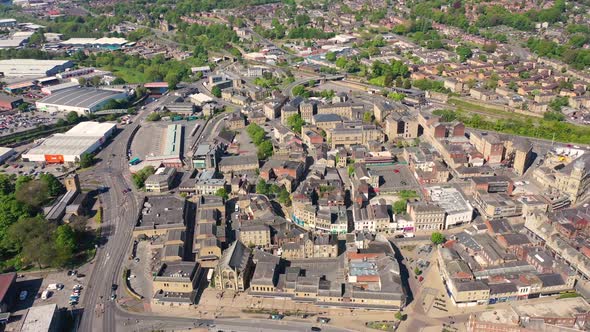 Aerial footage of the town centre of Dewsbury in West Yorkshire in the UK