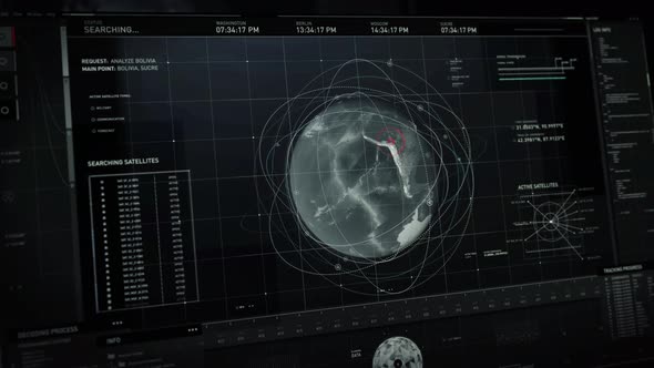 Interface of a futuristic spying scanner finding the satellite signals locations alt