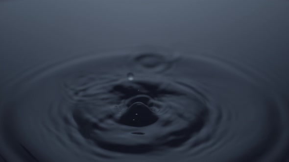 Extreme close-up water drops rippling. Slow Motion.