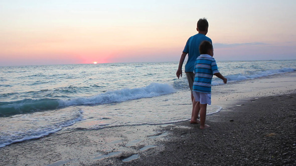 Children Walk On Beach 2