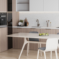 Close up of modern kitchen interior with built-in stove, kitchen cabinets and table, 3d render - PhotoDune Item for Sale
