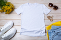 Womens white T-shirt mockup with yellow flowers - PhotoDune Item for Sale