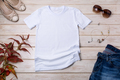 Womens white T-shirt mockup with beige heels - PhotoDune Item for Sale