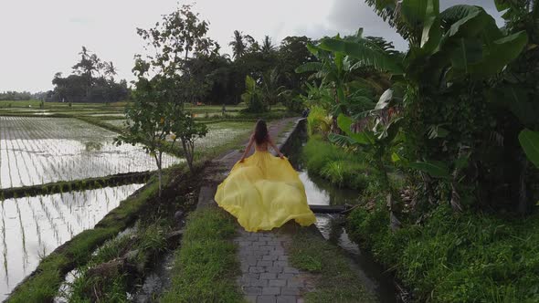 Beautiful Woman is Running Along a Walkway of Rice Fields