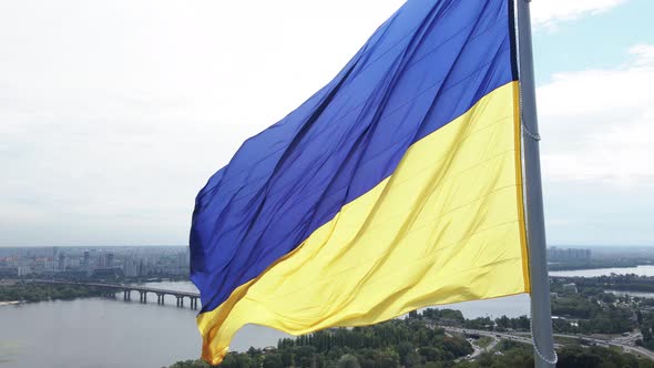 Kyiv - National Flag of Ukraine By Day. Aerial View. Kiev. Slow Motion