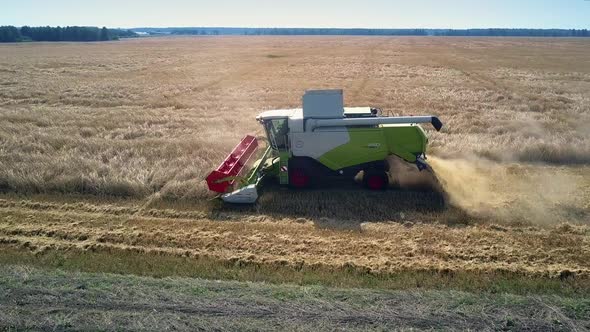 Motion From Harvester To Wide Wheat Field Under Blue Sky