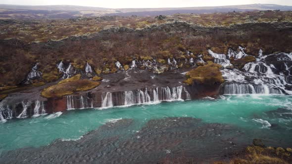 Hraunfossar waterfall in West Iceland - pan shot