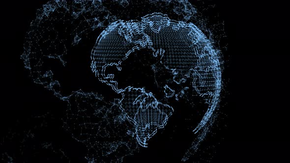 3d alpha Blue earth technology, business and communications background globe rotating with plexus.