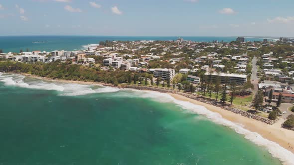 Aerial panoramic images of Dicky Beach, Caloundra, Australia