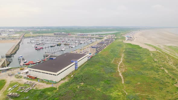 Aerial view flying over harbour in Ijmuiden, Netherlands