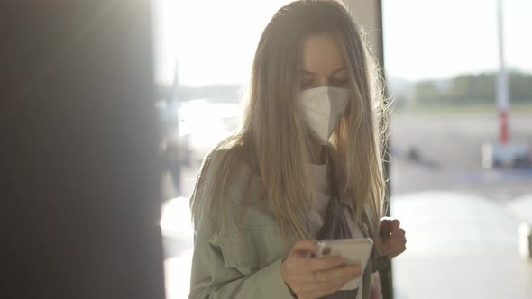 Woman in Mask Using Personal Cell Phone for Chatting with Friends Online While Waiting for Flight