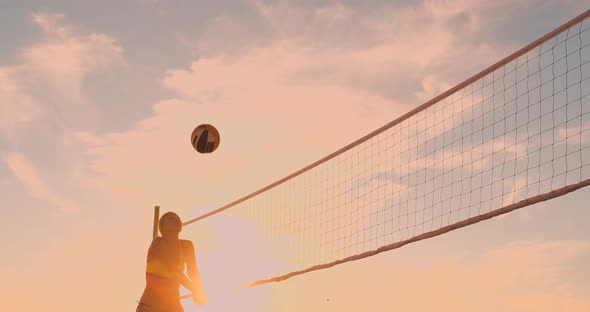 Young Female Volleyball Players Pass and Spike the Ball Over the Net on a Sunny Summer Evening. Fit