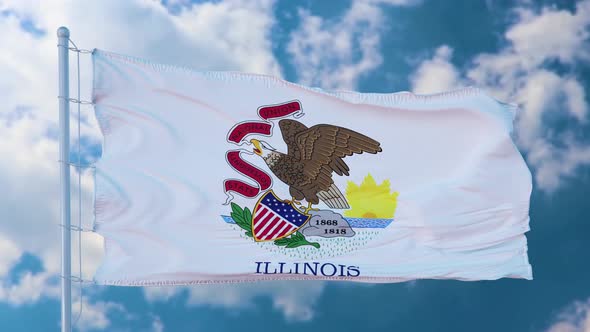 Illinois Flag on a Flagpole Waving in the Wind in the Sky