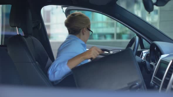 Respectable Woman Gets Out of Car Parked Near Office Center, Busy Lifestyle