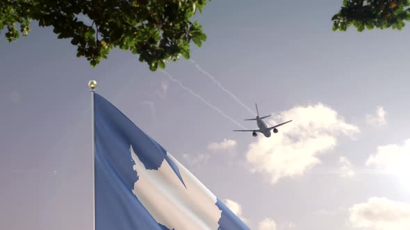 Antarctica Flag With Airplane And City -3D rendering