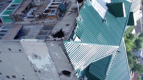 Vertical Video of a Residential Building Destroyed By the War in Ukraine