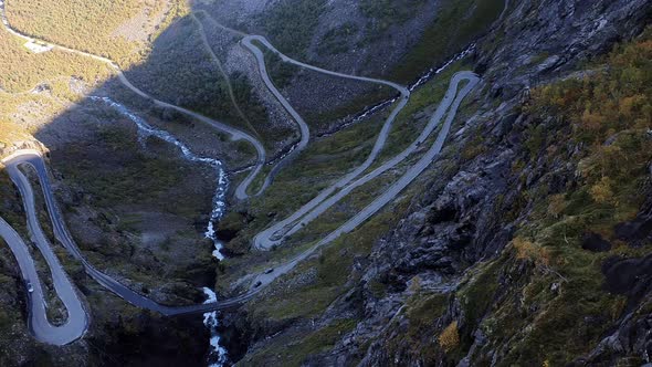 Aerial view Close up of trollstigen mountain road from the air, Norway, Scandinavia, Europe