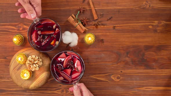 Mulled Wine in Glass Mugs Top View Gluhwein Closeup