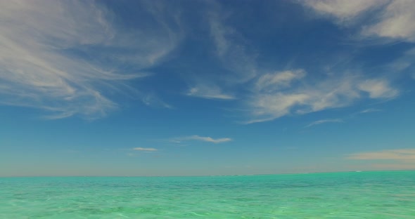 Tropical overhead island view of a white sandy paradise beach and aqua turquoise water background in