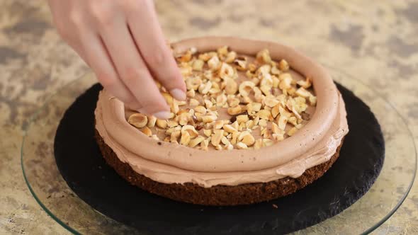 Pastry Chef Is Sprinkle With Hazelnuts On Chocolate Sponge Cake. Making Cake with Nuts.