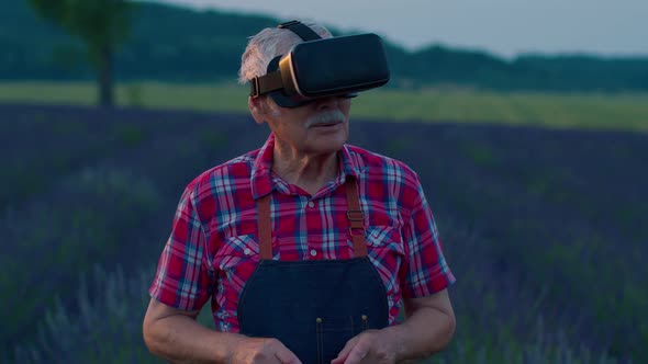 Progressive Modern Grandfather Man Farmer in Field Lavender Flowers Uses Virtual Reality Technology