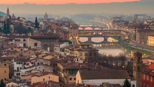 Sunset View of Florence, Italy. Time Lapse of Evening Florence Old Town with City Lights. Zoom Out