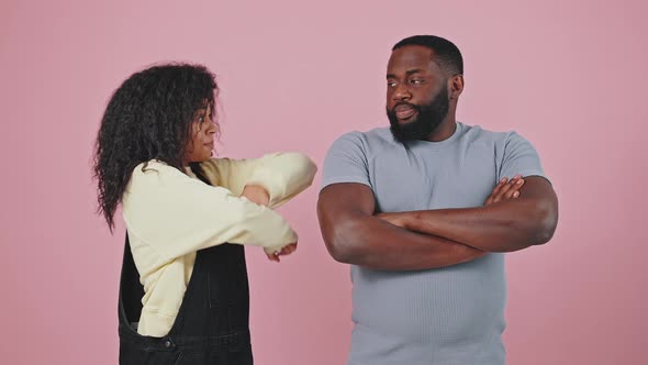 Offended African American Guy Crossing Hands Young Woman Shouting at Him Shaking Fist and Making