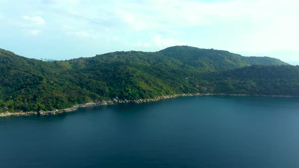 Aerial panorama of tropical resort territory and beach, beautiful Andaman sea at west coast of Phuke