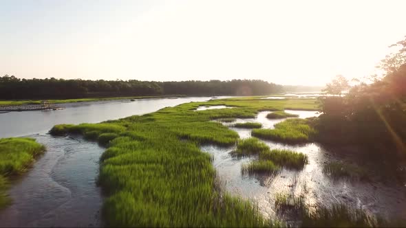 Aerial view of waterway near Calabash NC and Sunset Beach NC in the morning