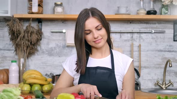 Portrait of Young Housewife Enjoying Cooking Healthy Food Posing Looking at Camera Zoom in Shot
