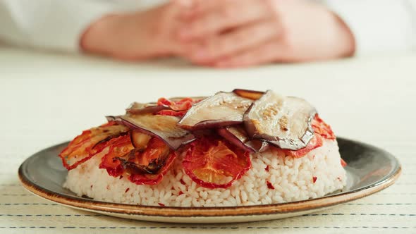 Maqluba Dish Closeup Rice and Vegetables Arabian National Traditional Food