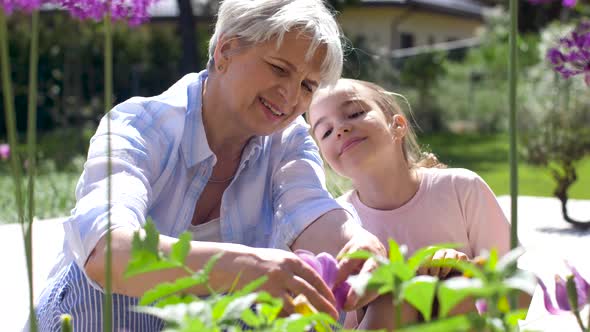 Grandmother and Girl Study Flowers at Garden