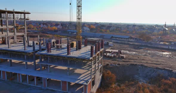 Panoramic Top View Several Construction Tower Cranes of Different Heights at a Building Site During