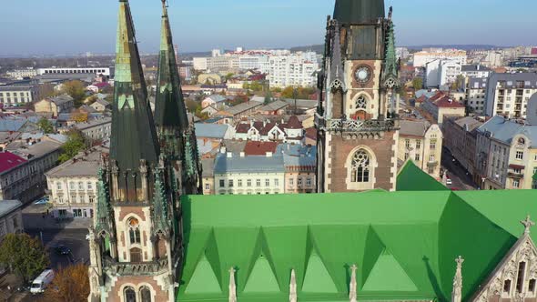 Aerial Video of Saint Olga and Elizaveta Church in Central Part of Old City of Lviv, Ukraine