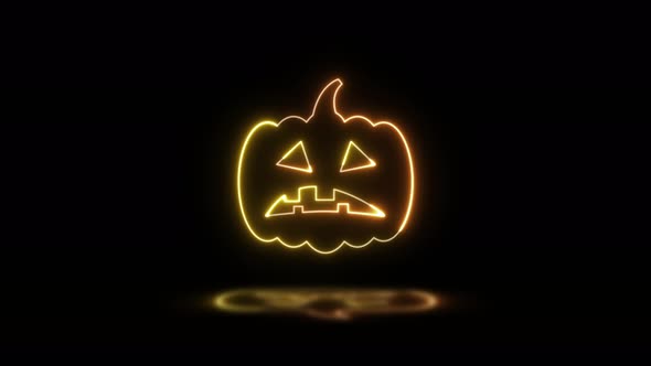 Orange neon glowing Pumpkin head with reflection on a black background. Halloween holiday party alt