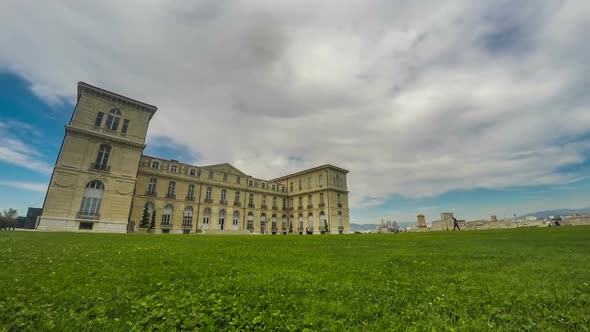 Aix-Marseille University Building, Spacious Green Lawn Near Entrance, Timelapse